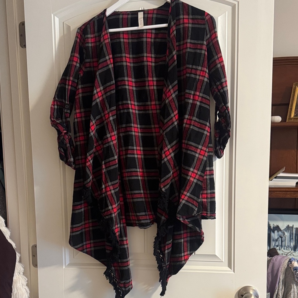 Plaid Open Front Cardigan - Red and Black